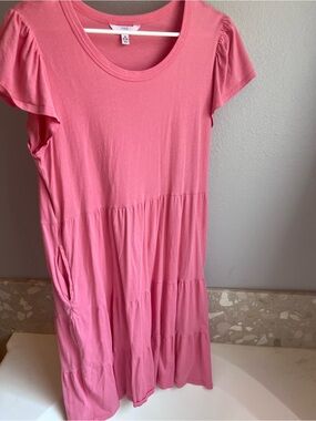 Time and Tru Pink Cotton Tiered Dress Size M Flutter Sleeves Pockets